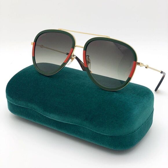 BRAND NEW GUCCI Unisex GG0062S 003 Gold Gold Green Sunglasses - Picture 3 of 15